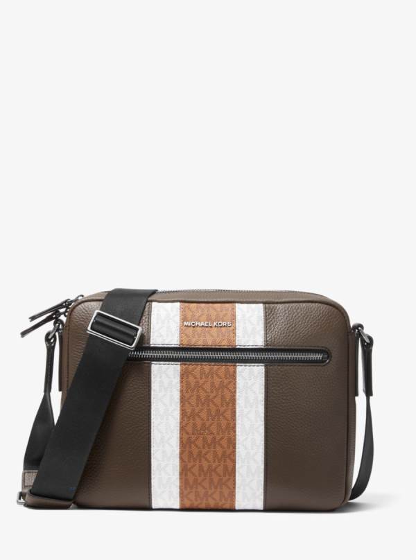 Panske Crossbody Kabelka Michael Kors Hudson Pebbled Leather and Logo Stripe Camera Hnede - Tasky Michael Kors Slevy | PINRL-9216